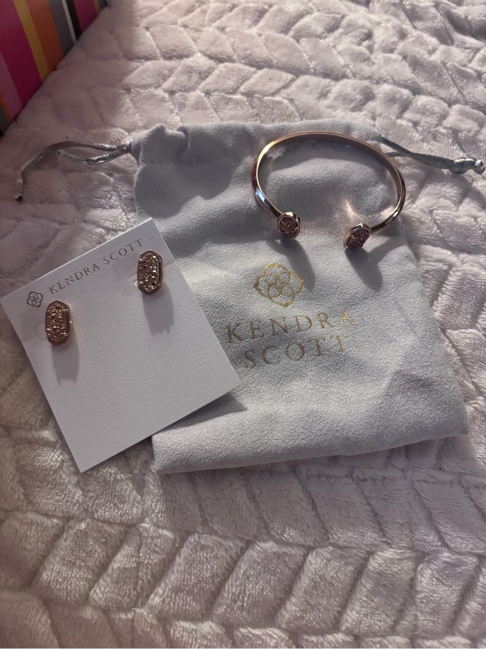 Kendra Scott Rose Gold Druzy Cuff Bracelet and Stud Earrings Set